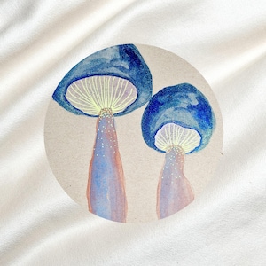 Funghi blu illustrazione regalo portafortuna acquerello dipinto a mano immagine originale 17 x 24 cm piccolo regalo fungo amico ragazzo fortunato