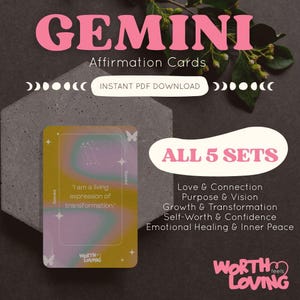 Tarjetas de Afirmaciones de Géminis para la Paz Interior / Afirmaciones del Zodíaco para la Sanación / Hechizos de Amor / Tablero de Visión y Herramienta de Manifestación