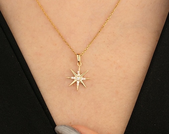 14k Gold North Star Necklace, With Diamond Star Necklace,  Starburst North Star Pendant, Celestial North Star, Gift for Mother Day, Mom Gift