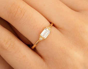 14K Gold Baguette Cut Ring, East West Emerald Cut Ring, Baguette Rings for Women, 925  Silver Baguette Solitaire, Gift for Mother Day