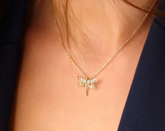 Gold Dragonfly Pendant, Silver Dragonfly Charm Necklace, Elegant Dragonfly Pendant in Sterling Silver, Gift for Mother Day, Mom Gift