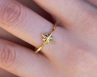 Stunning 14K Gold Pole Star Ring with Celestial Jewelry Silver Accents, 925 Silver Guiding Star Band, Gift for Mother Day, Mom Gift