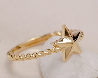 10K Yellow Gold Star Shaped Ring Star Ring for Women Simple Twist Ring Flat Star Gift for Girlfriend  Gift for Mother Day, Mom Gift