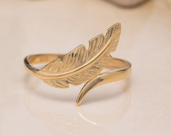 14K Gold Handmade Leaf Ring 925 Sterling Silver, Natural Jewelry, Stacking, Dainty Ring, Gift for Mother Day, Mom Gift