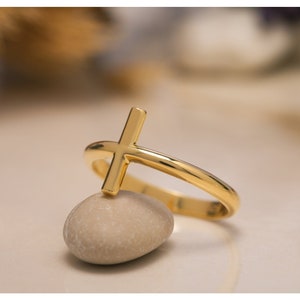 14K Solid Gold Signet Cross Ring - Minimalist Religious Ring - 925 Sterling Silver Cross Ring,  Gift for Mother Day, Mom Gift