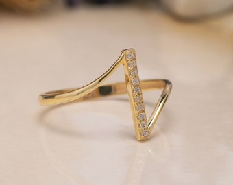 Gold Diamond Vertical Bar Ring with Zircon Accent - Dainty Sterling Silver Engagement Jewelry Elegant Zig-Zag Ring, Gift for Mother Day