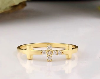 Golden Cross Band, Sterling Silver Jerusalem Cross Ring, Diamond-Embellished Crisscross Ring,  Gift for Mother Day, Mom Gift