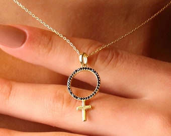 14k Gold Cross Necklace,  Black Stone Cross Necklace, Gold Cross Necklace Women, Sterling Silver Cross, Cross Necklace Women Silver