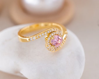 14K Golden Round Pink Ring, Handcrafted Jewelry, Birthstone Promise Ring, Gemstone Engagement, Wedding Zircon Stone Ring,Gift for Mother Day