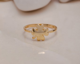 14K Solid Golden Leaf Ring, Golden Daily Ring, Golden Clover Lucky Charm, 925 Silver Statement Gold Ring, Gift for Mother Day, Mom Gift