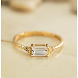 Baguette-Cut 14K Gold Ring, Horizontal Emerald-Cut Ring, Women's Baguette Rings, 925 Silver Solitaire with Baguette Ring Gift for Mother Day image 4
