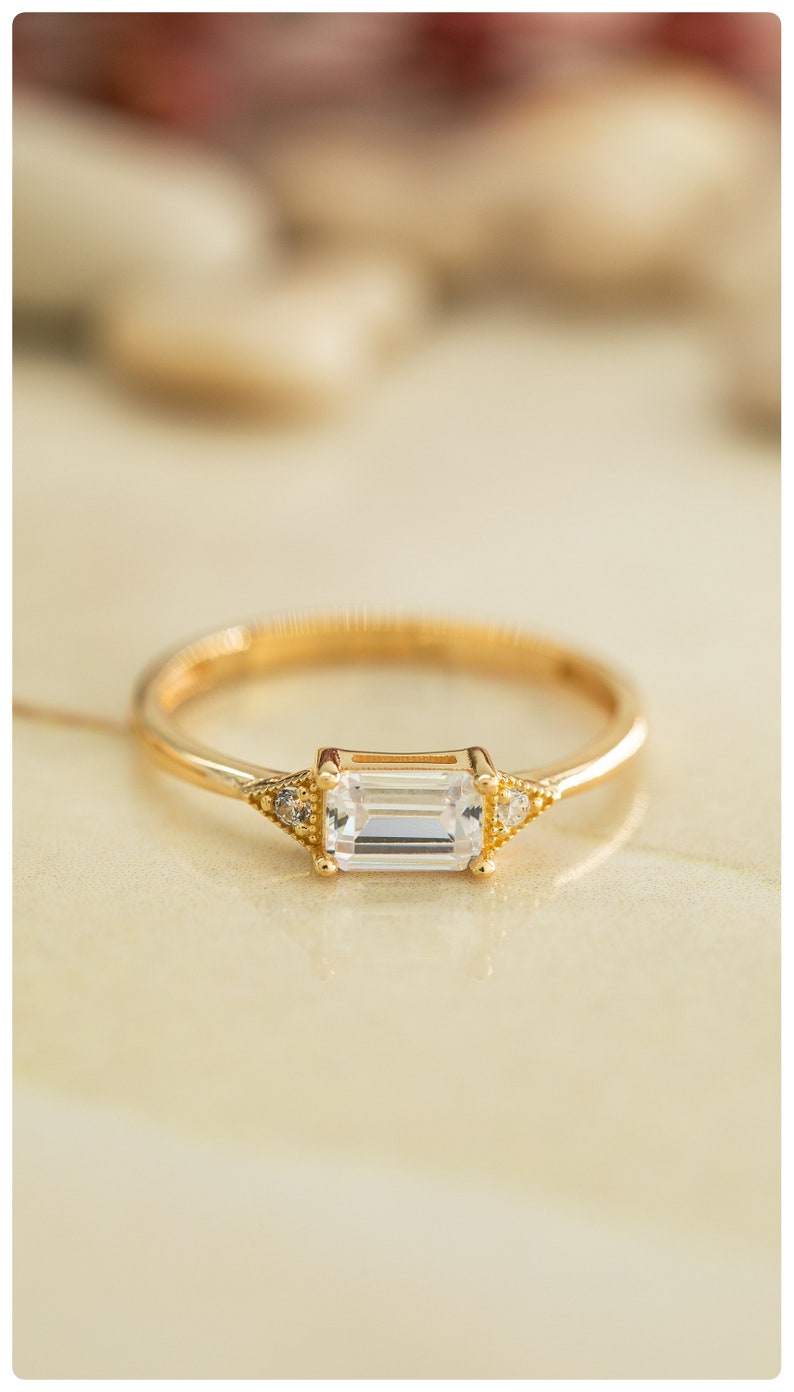 Baguette-Cut 14K Gold Ring, Horizontal Emerald-Cut Ring, Women's Baguette Rings, 925 Silver Solitaire with Baguette Ring Gift for Mother Day image 4