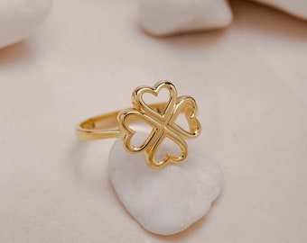 14K Gold Clover Ring,  Four Leaf Charm Ring, Artisan-Made Lucky Symbol Jewelry, Clover Leaf Ring, 925 Silver Ring, Gift for Mother Day