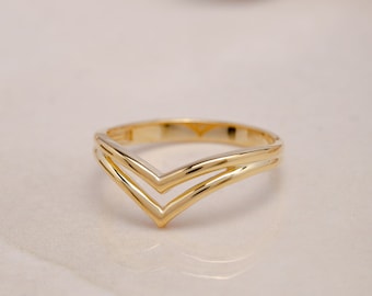 Double 925 Solid Gold Plain Stacking Ring - V Ring - Curve Ring,Chevron Ring, Plain Stackable Ring, Gold Matching Ring, Gift for Mother Day