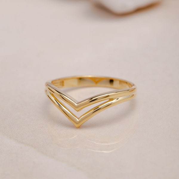 Doppio anello impilabile semplice in oro massiccio 925 - Anello a V - Anello curvo, anello Chevron, anello impilabile semplice, anello coordinato in oro, regalo per la festa della mamma