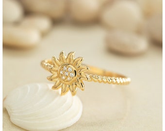 14K Solid Gold Sunflower Ring 925 Sterling Silver Floral Design, Dainty Jewelry for Women, Gift for Mother Day, Mom Gift