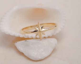 925 North Star Shaped White Gold Ring, Stackable Starburst Ring, Handmade Ring, Gift for Her, Gift for Mother Day, Mom Gift