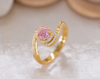 Ring with Pink Diamond and Gold, Engagement Band with Pink Zircon Gemstone, Silver Bridal Ring with Zircon Stone, Gift for Mother Day