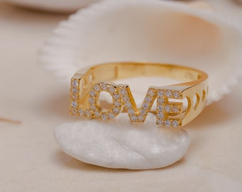 14K Solid Gold Love Ring, 925 Sterling Womens Silver Ring, Dainty Love Ring, Zircon Stone Love Ring, Script Love Ring, Gift for Mother Day