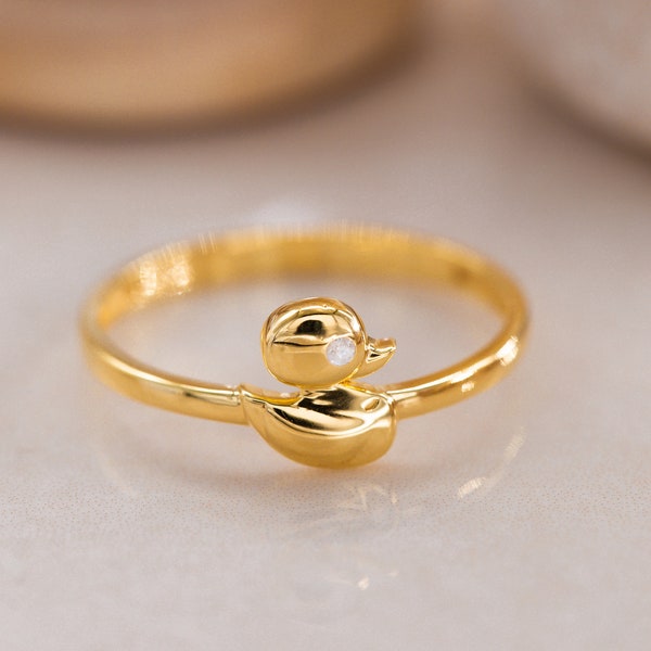 Golden Duck Motif Ring, Sterling Silver Duck-themed Jewelry, Duck Ring, Sterling Silver Handcrafted Animal Ring, Gift for Mother Day