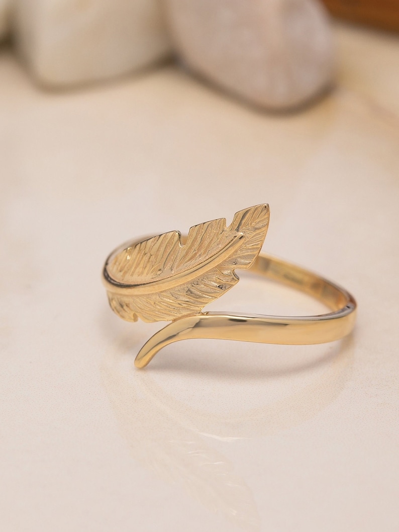 14K Gold Oak Leaf Ring, 925 Sterling Silver Minimalist Nature-Inspired Jewelry, Crystal Open Leaf Ring, Gift for Mother Day, Mom Gift image 3