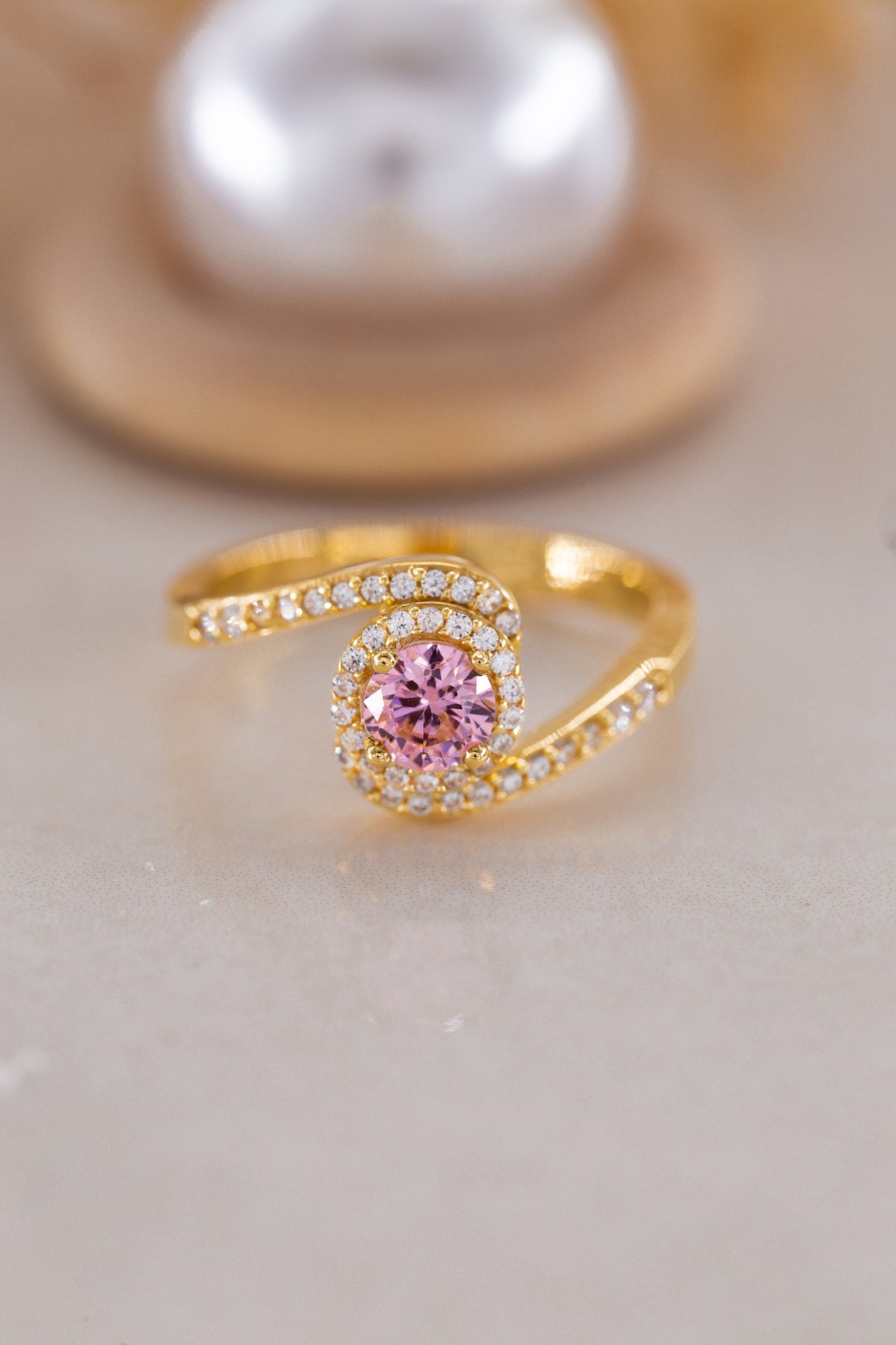 14K Golden Pink Ring, Special Design Ring, Handmade Ring, Mini Golden ...