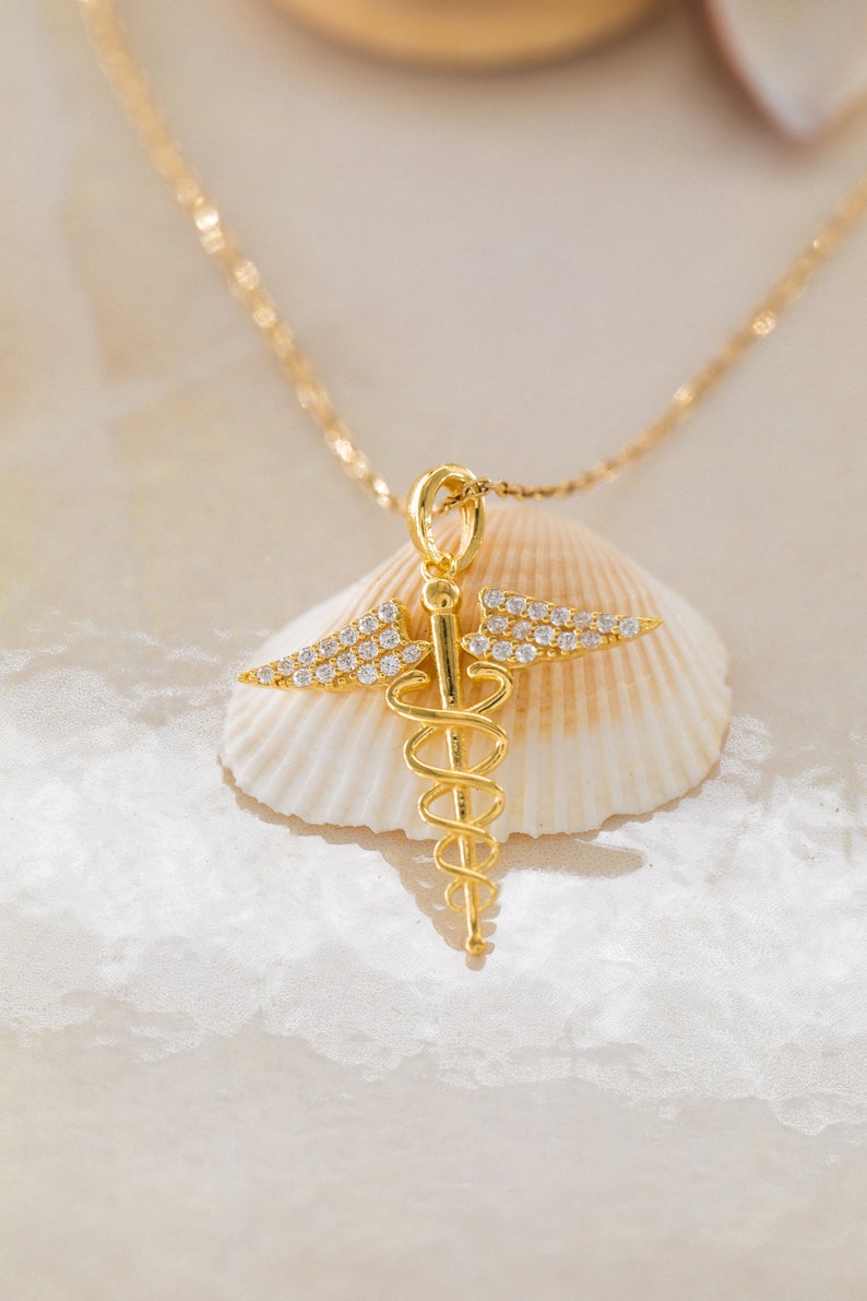 14k Necklace Caduceus Symbol Necklace Hermes Necklace Gold Pendant ...