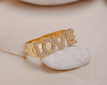 Gold Love Band, Love Script Ring, Zircon Stone Dainty Ring, Romantic Gift for Her, Silver Ring Elegant Love Ring, Gift for Mother Day