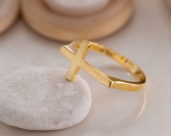 14K Gold Plain Cross Ring, Religious Symbol Ring, 925 Silver Religious Ring Gift, Jesus Ring, Faith Jewelry, Gift for Mother Day, Mom Gift