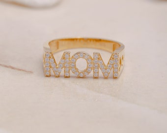 14K Gold Diamond Mama Ring, Mom Ring, Handmade Diamond Mother Ring, Solid Gold Diamond Mama Ring, Gift for Mother, Mother Day Gift, Mom Gift