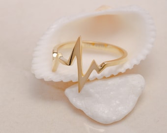 Jewelry 14k Gold Heartbeat Ring, 925 Sterling Silver Rhythm Heartbeat Promise Ring,  Gift for Mother Day, Mom Gift