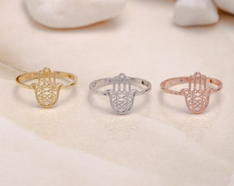 925 Solid Gold Hamsa Hand Ring, Hamsa Hand of Fatima Ring, Statement rings, Stackable Ring, Gift for Mother Day, Mom Gift