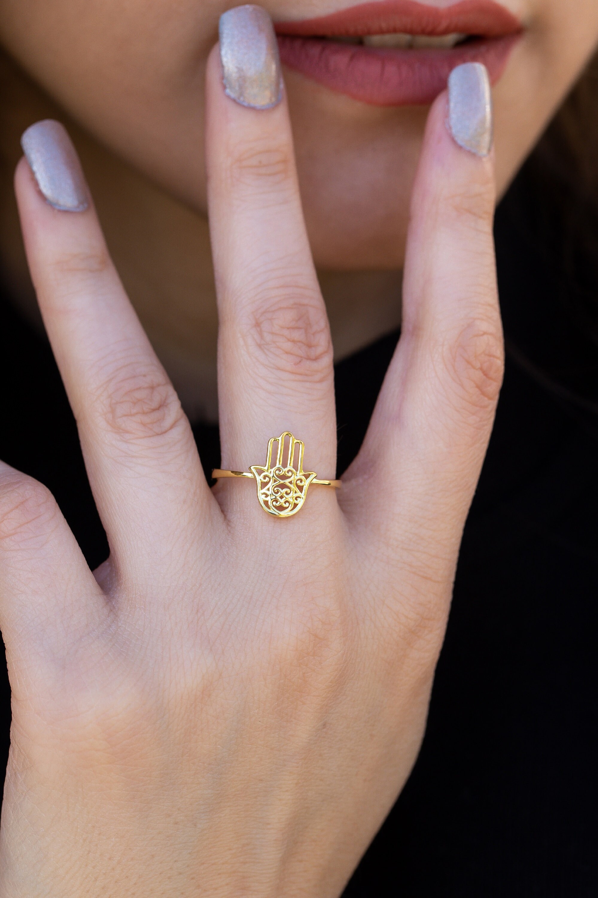 14K Solid Gold Hamsa Hand Ring Gold Hand of Fatima Ring Statement Rings Handmade Ring Dainty Gold Ring Halloween Jewelry Ring for Women