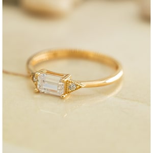 Baguette-Cut 14K Gold Ring, Horizontal Emerald-Cut Ring, Women's Baguette Rings, 925 Silver Solitaire with Baguette Ring Gift for Mother Day image 9