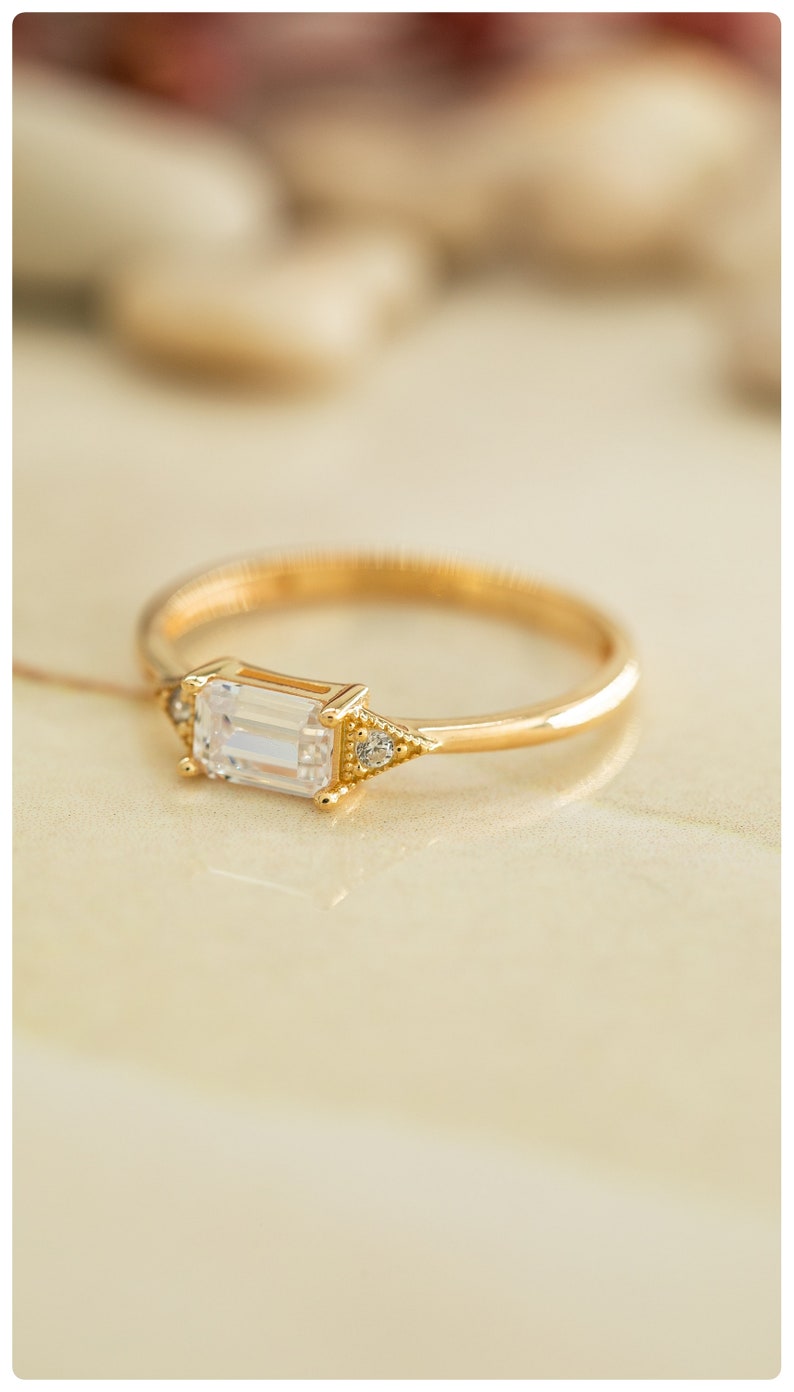 Baguette-Cut 14K Gold Ring, Horizontal Emerald-Cut Ring, Women's Baguette Rings, 925 Silver Solitaire with Baguette Ring Gift for Mother Day image 9