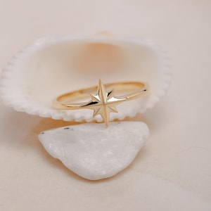 10K Gold North Star Ring, Starburst Ring, Pole Star Ring, Sterling Silver Ring, Dainty Star Ring, Gift for Mother Day