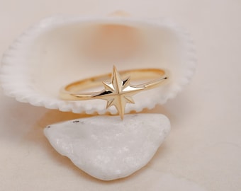 10K Gold North Star Ring, Starburst Ring, Pole Star Ring, Sterling Silver Ring, Dainty Star Ring, Gift for Mother Day