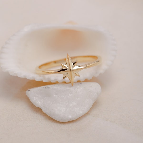 10K Gold North Star Ring, Starburst Ring, Pole Star Ring, Sterling Silver Ring, Dainty Star Ring, Gift for Mother Day