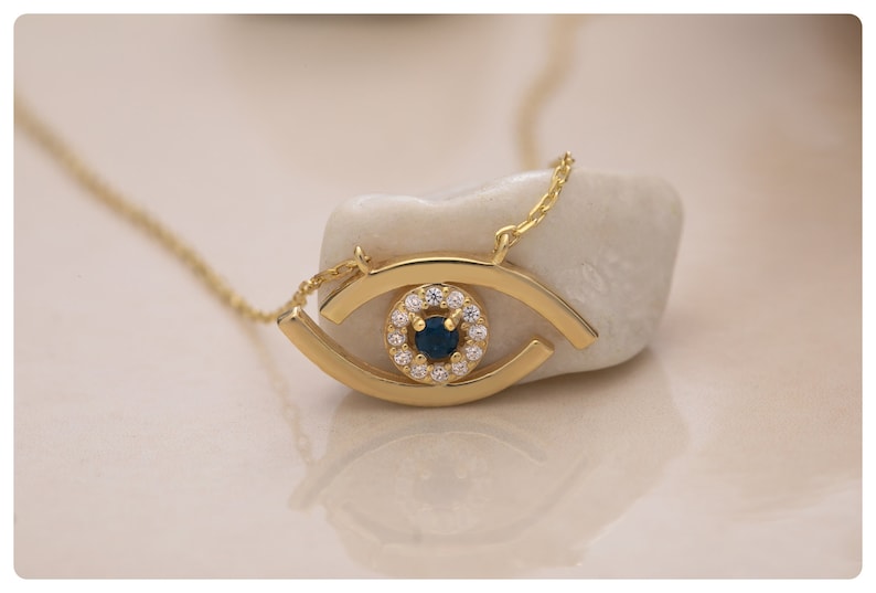 925 Silver Evil Eye Necklace, Gold Protection Pendant with Blue Enamel, Evil Eye Jewelry, Spiritual Amulet, Gift for Mother Day, Mom Gift image 2