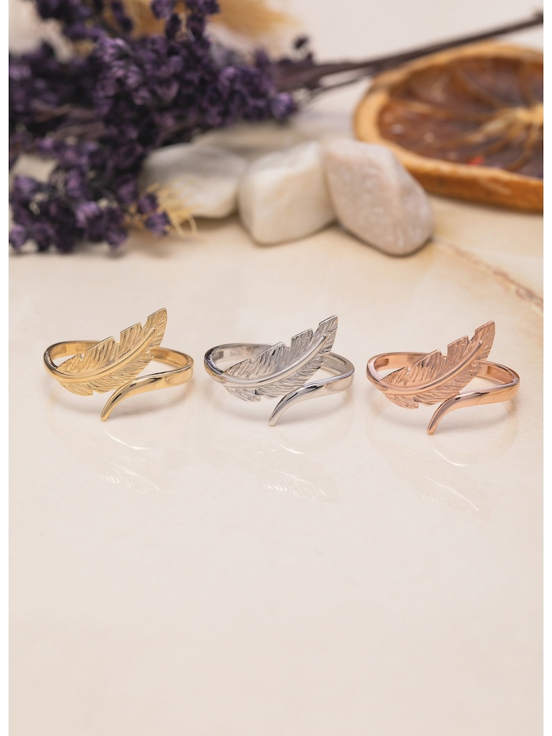 14K Gold Oak Leaf Ring, 925 Sterling Silver Minimalist Nature-Inspired Jewelry, Crystal Open Leaf Ring, Gift for Mother Day, Mom Gift image 2