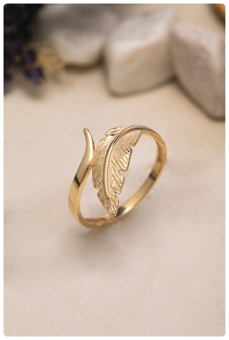 14K Gold Oak Leaf Ring, 925 Sterling Silver Minimalist Nature-Inspired Jewelry, Crystal Open Leaf Ring, Gift for Mother Day, Mom Gift image 4