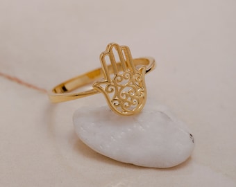 18K Solid Gold Hamsa Hand Ring, Hamsa Islamic Gold Ring, Hamsa Islamic Gold Ring, Gift for Her, Gift for Mother Day, Mom Gift