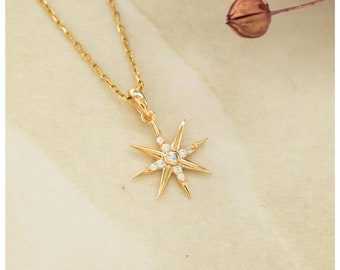 14K Gold Starburst Necklace, Diamond Star Pendant, Celestial Star Jewelry, North Star Charm,  Gift for Mother Day, Mom Gift