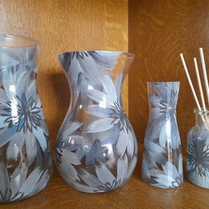 Handpainted grey and light blue flower vase and diffuser bottle size options