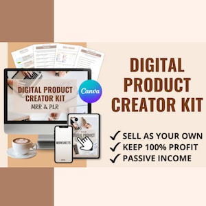 Puede incluir: Un kit de creación de productos digitales con un portátil, una tableta y un teléfono que muestran el texto "Digital Product Creator Kit MRR & PLR". La imagen también incluye una taza de café y el texto "Vende como propio, Conserva el 100% de las ganancias, Ingresos pasivos".