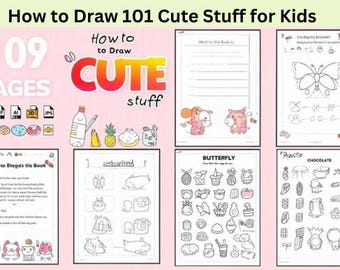 May include: A pink book cover with the title "How to Draw 101 Cute Stuff for Kids" and the words "How to Draw CUTE stuff". The book has 109 pages and features drawing tutorials for kids, including butterflies and chocolate.