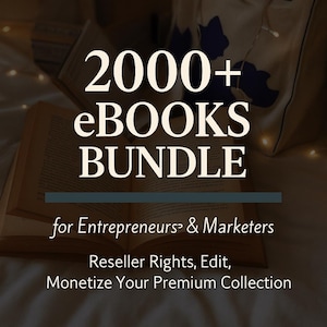 Może przedstawiać: Zbliżenie otwartego książki z tekstem "2000+ eBooks Bundle for Entrepreneurs & Marketers Reseller Rights, Edit, Monetize Your Premium Collection" na stronie.