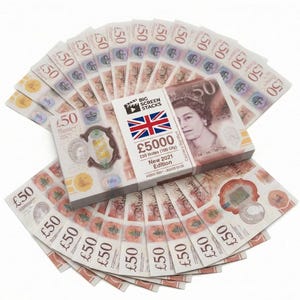 May include: Image of British fifty-pound banknotes, fanned out and stacked. The notes feature Queen Elizabeth II and the text "£50". A package of notes displays the text "£5000" and "New 2021 Edition".
