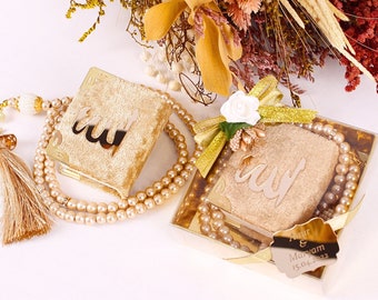 Personalized Velvet Mini Quran Pearl Tasbeeh Decorated Box Gift Set | Eid Favor | Wedding Favor | Baby Shower Favor | Muslim Party Favor