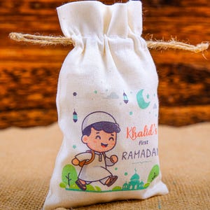 Personalized Eid Gift Bag for Kids - Custom Ramadan Favor Pouch - Islamic Party Goodie Bag - Cotton Treat Bag with Name - Gif Bag for Guests